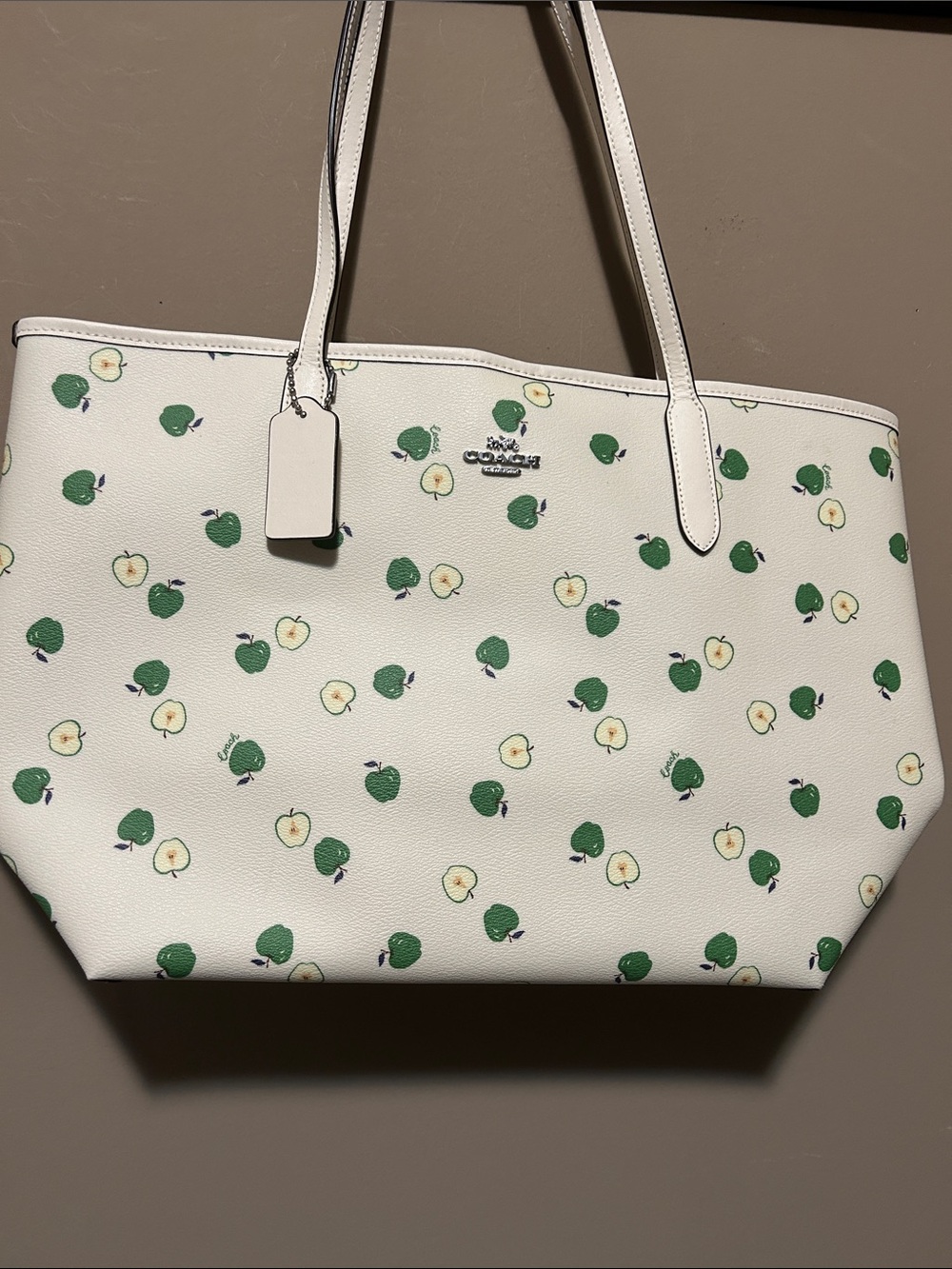 Coach White Tote with Green and Yellow Apple Print
